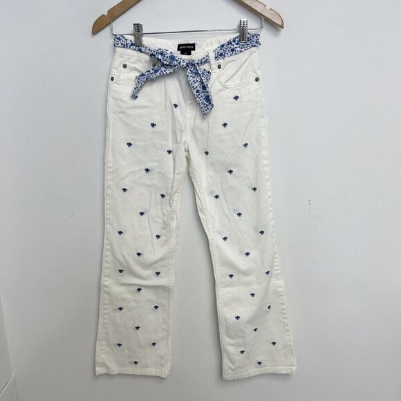 Ralph Lauren Nautical Girls White Pants Belted Blue Embroidery Boot Leg Sz 12 - Picture 1 of 13